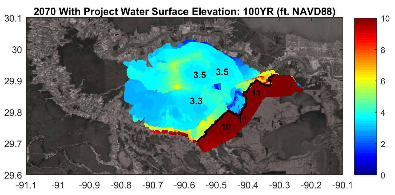 100-year surge in 2070 with Upper Barataria levee